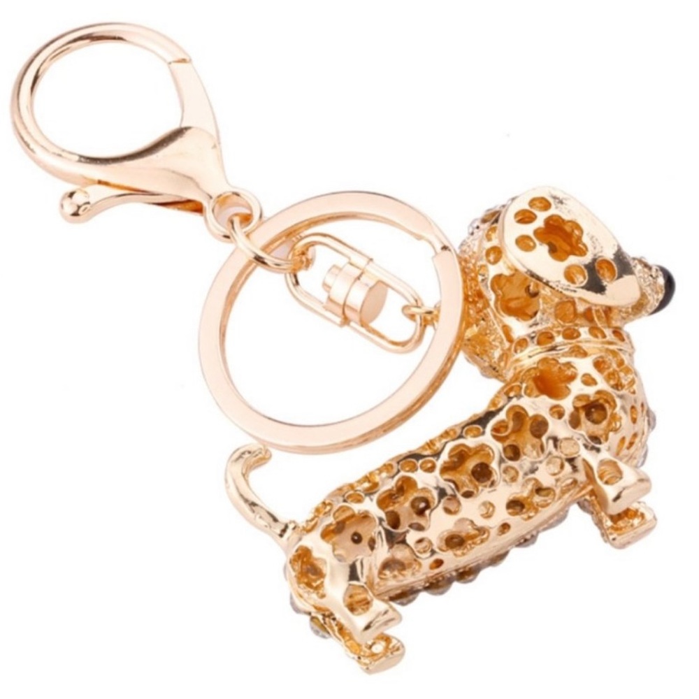 Dachshund Bag Charm Key Chain Crystals Studded BLING Gold! $4.99 ships :> - Picture 2 of 3